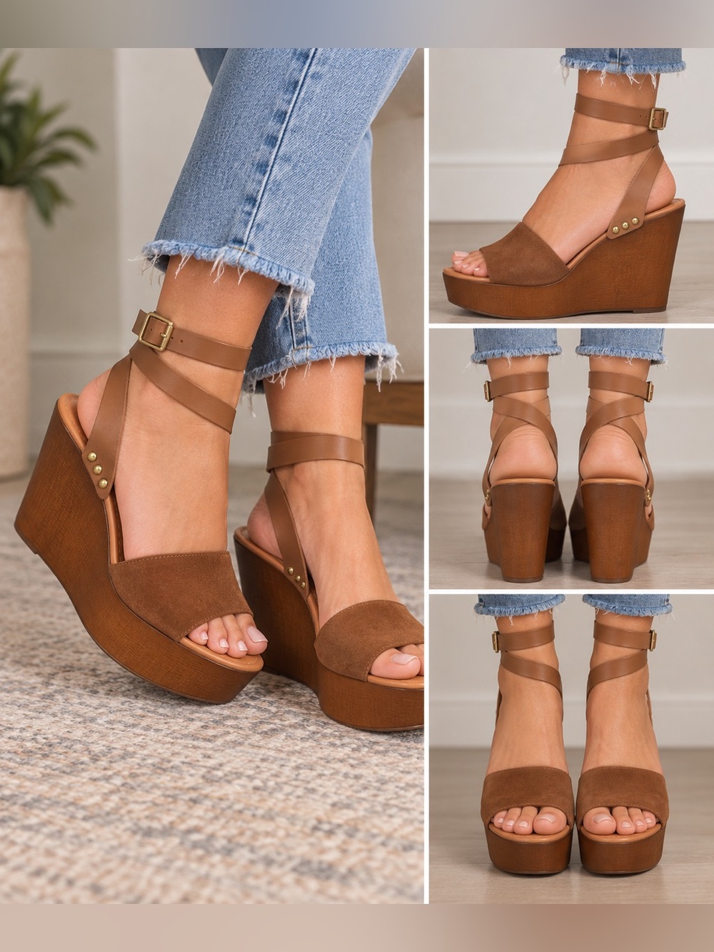 Seychelles Cognac Suede Leather Wrap Around  Wedge Platform Sandals Size 7.5